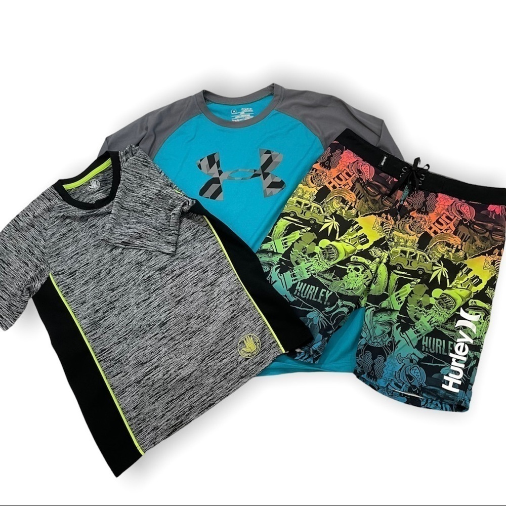 Bundle of Under Armor long sleeve, Body Glove short sleeve & Hurley board shorts